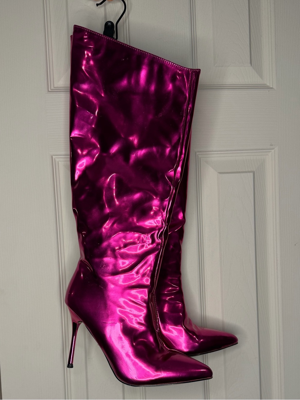 Metallic Fuchsia Knee-High Stiletto Boots - Women